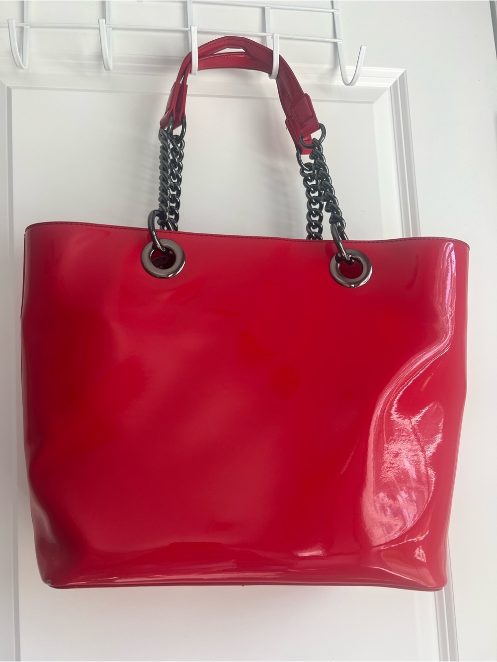 DKNY Large Red Patent Tote Bag with Chain Handles